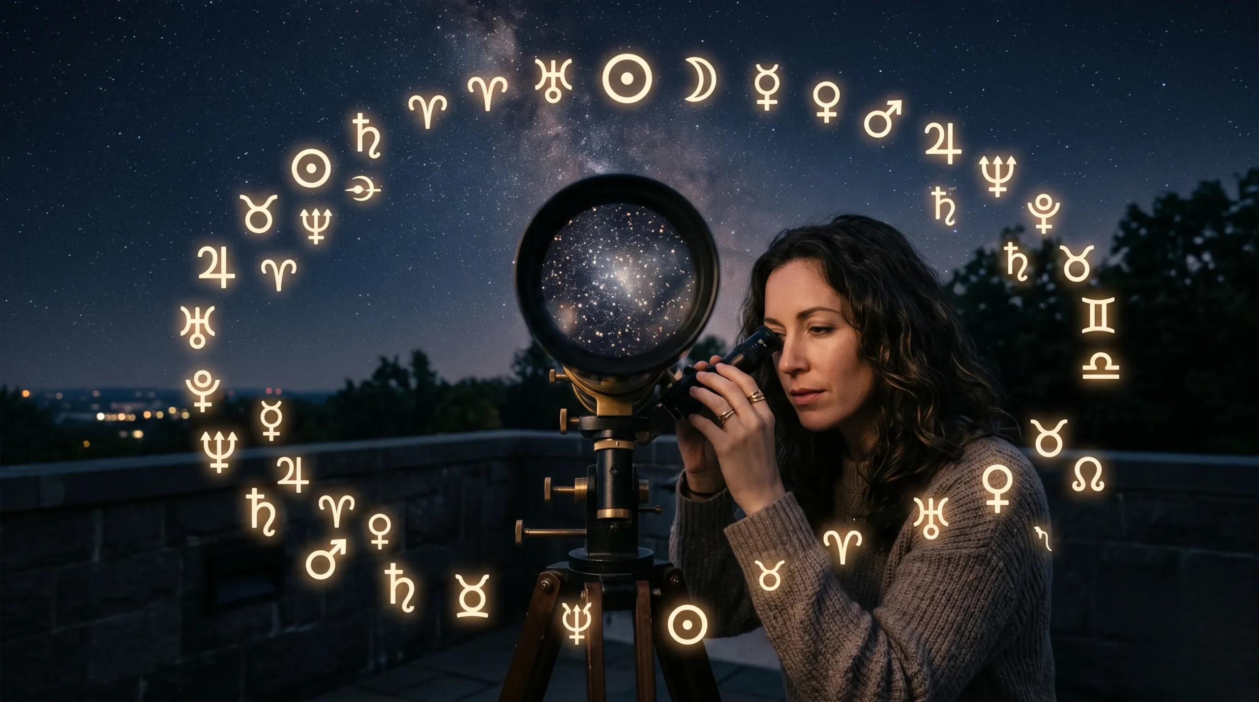Symboles planétaires flottant dans un ciel étoilé pour représenter l'horoscope de Rachel.