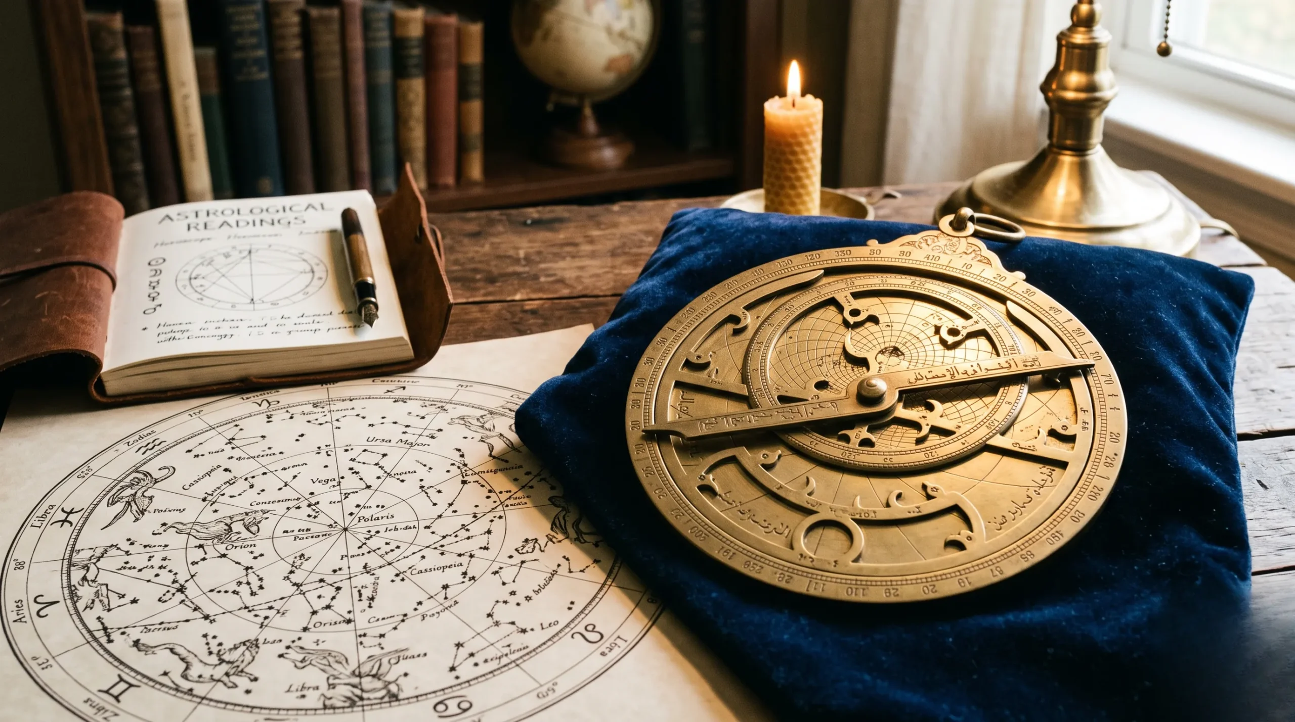 Un astrolabe ancien posé sur une carte du ciel pour illustrer l'alignement du destin. Horoscope rachel