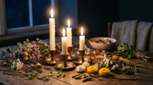 Bougies allumées symbolisant le renouveau d'Imbolc dans une atmosphère douce et mystique.