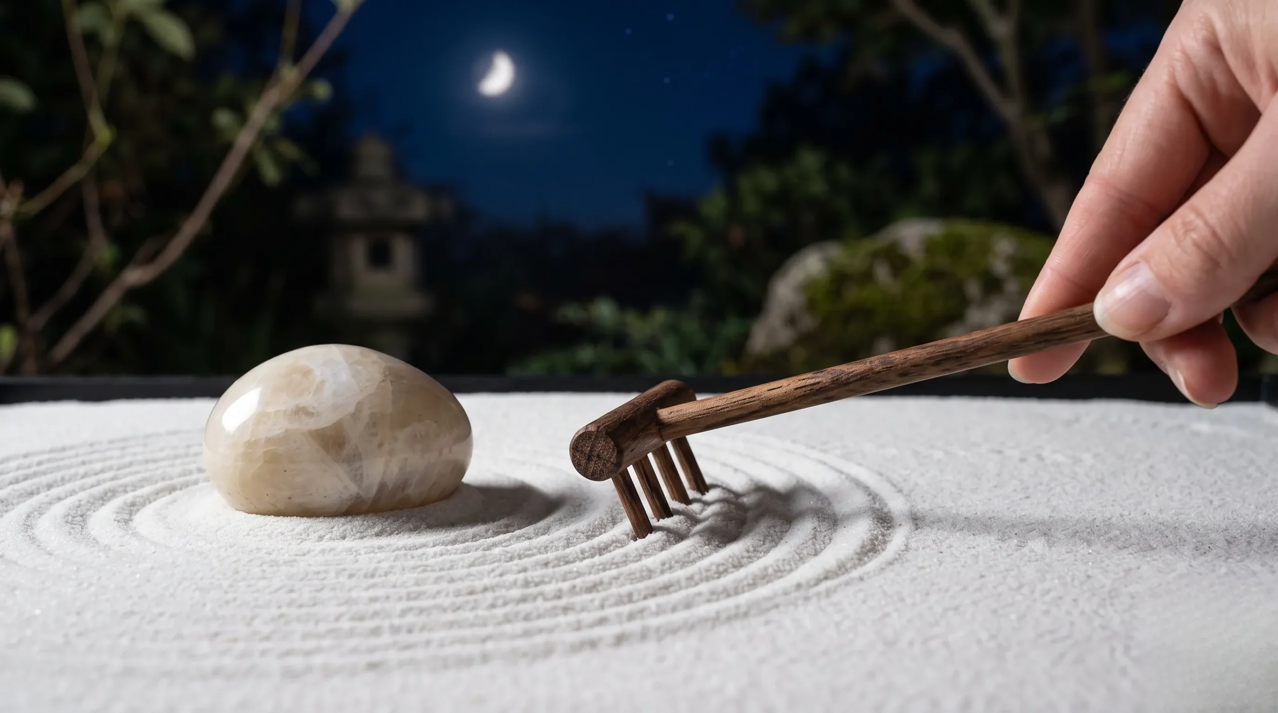 jardins zen miniatures : Un petit râteau trace des motifs apaisants dans le sable blanc d un jardin miniature