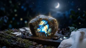 Cristal de labradorite aux reflets irisés capturant une douce lumière lunaire et dorée.