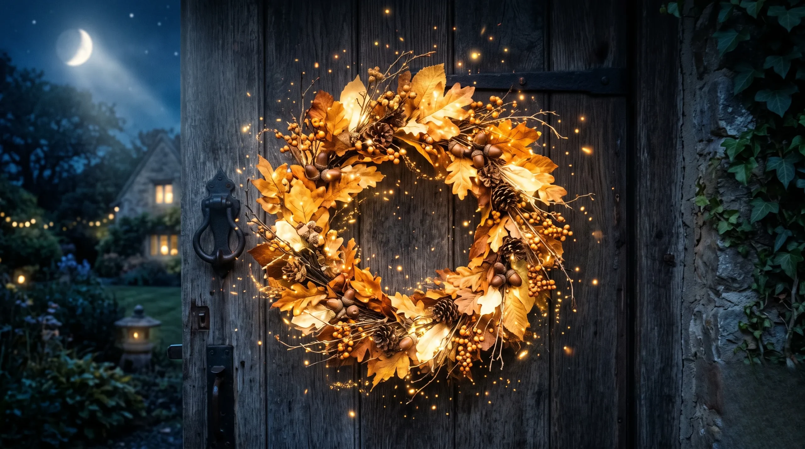 Couronne d'automne dorée illuminée par une lumière lunaire pour honorer Mabon.