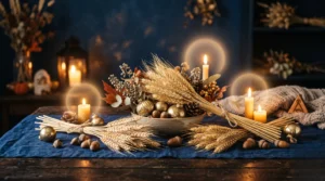 Décoration naturelle avec du blé et des glands pour célébrer l'équinoxe d'automne Mabon.