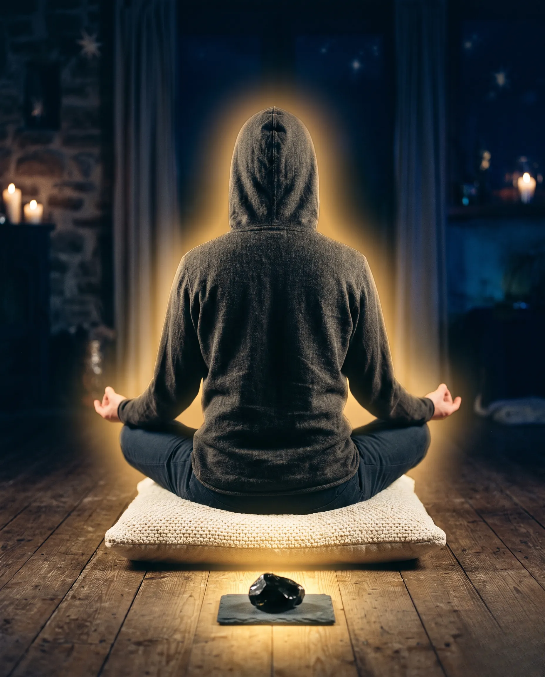 Personne en meditation avec un cristal d'obsidienne noire posé au sol dans une ambiance douce et dorée.