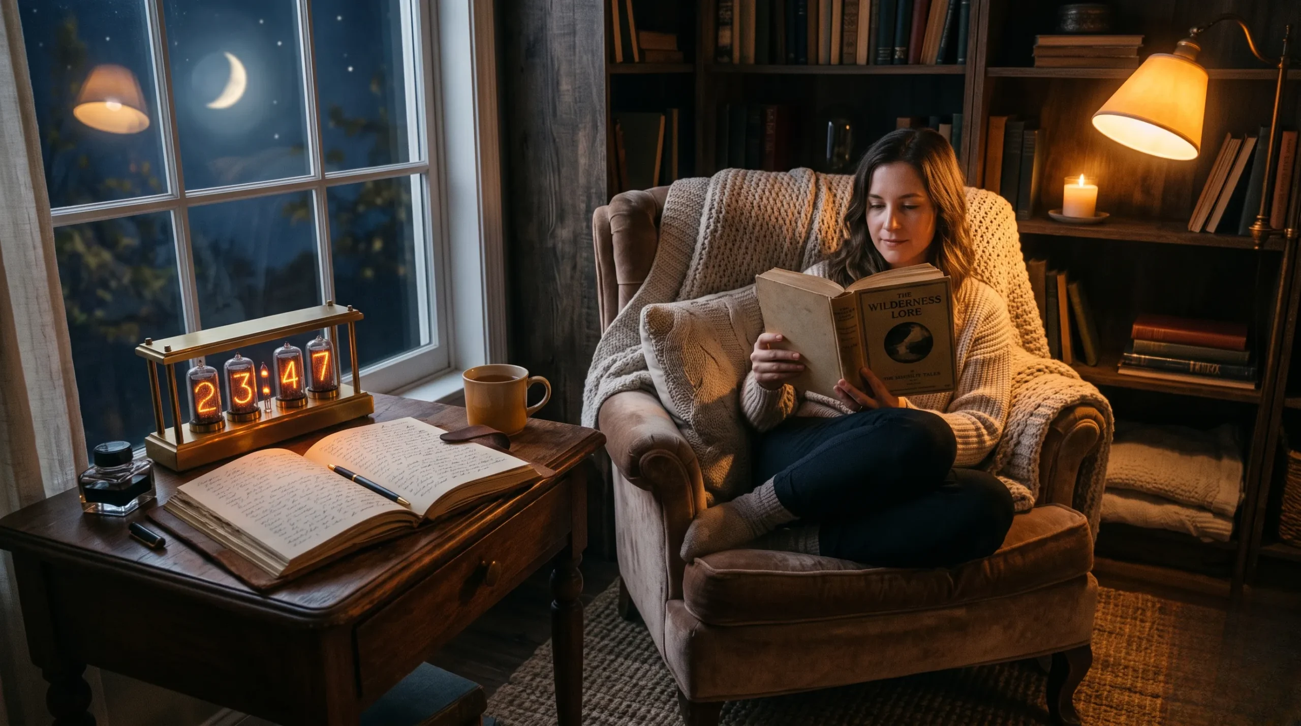 Journal intime ouvert près d'une fenêtre éclairée par la douce lueur de la lune, ambiance céleste et poétique.