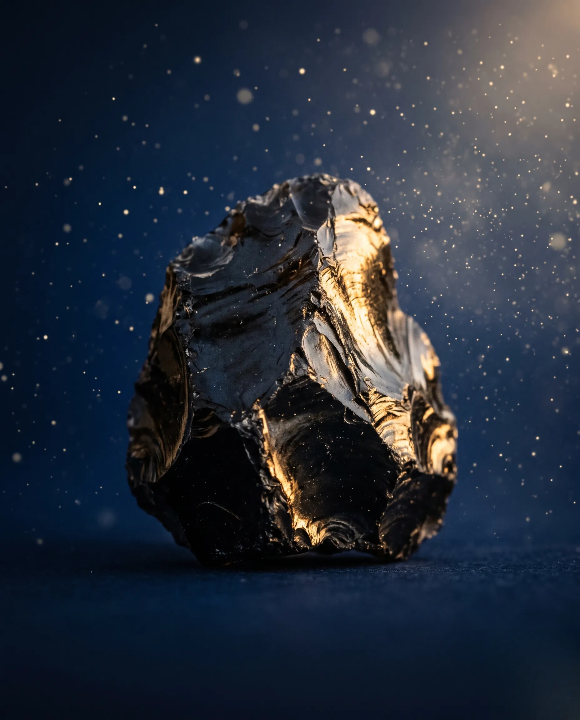 Gros plan macro sur un cristal d'obsidienne noire brute capturant une douce lumière dorée sur fond bleu nuit.