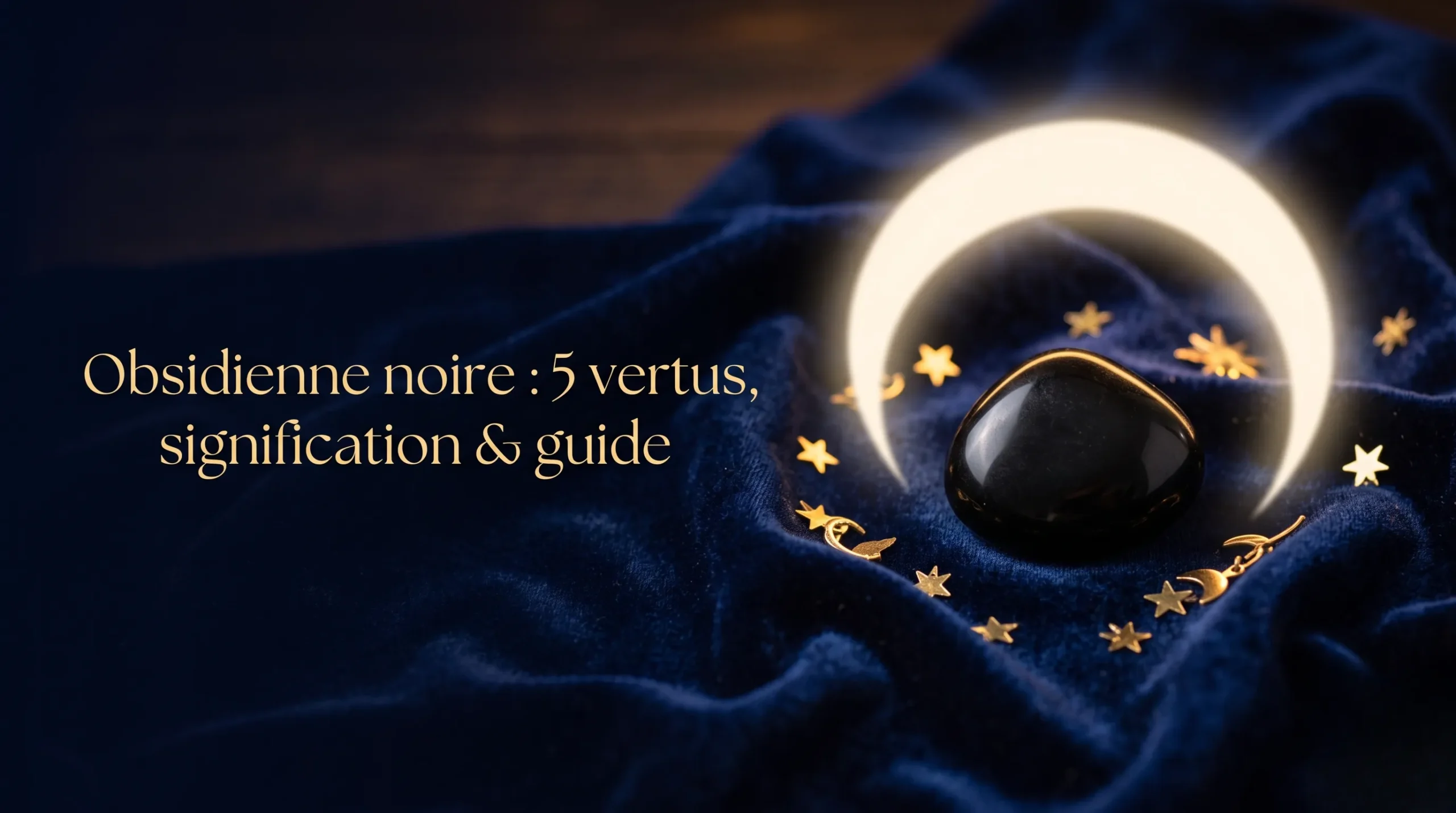 Image mise en avant montrant une pierre d'obsidienne noire brillante sur un tissu bleu nuit avec le titre de l'article en typographie dorée.