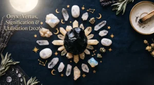 Un cristal d onyx noir entouré de touches dorées lumineuses illustre les vertus de la pierre