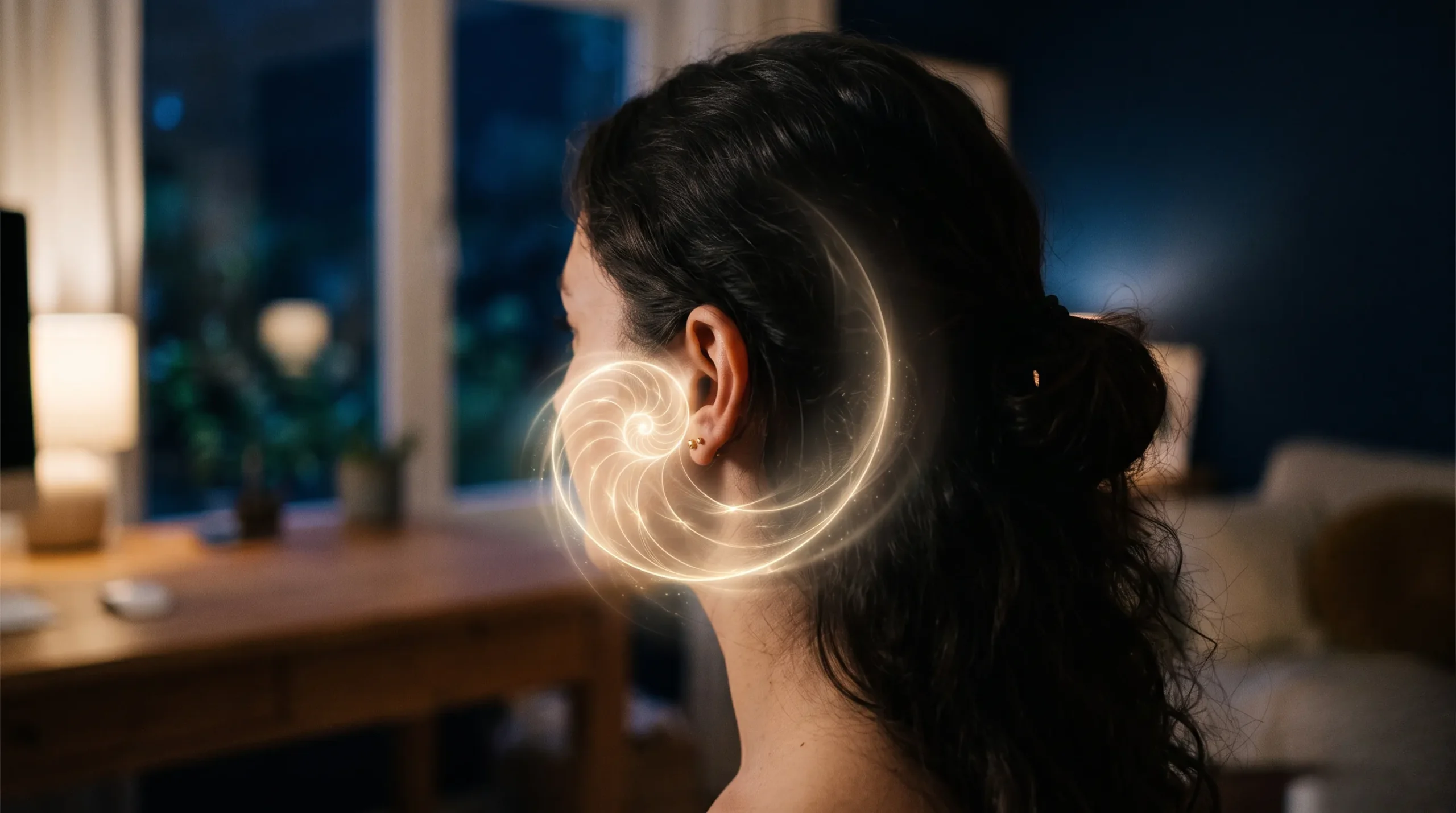 Spiral d'énergie dorée symbolisant le message spirituel reçu lors d'un sifflement d'oreille gauche. Signification boucle d'oreille homme gauche