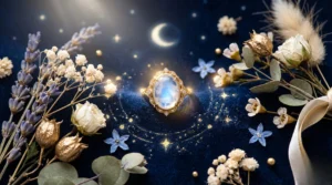 Une bague en pierre de lune lumineuse posée sur un tissu sombre avec des éclats dorés