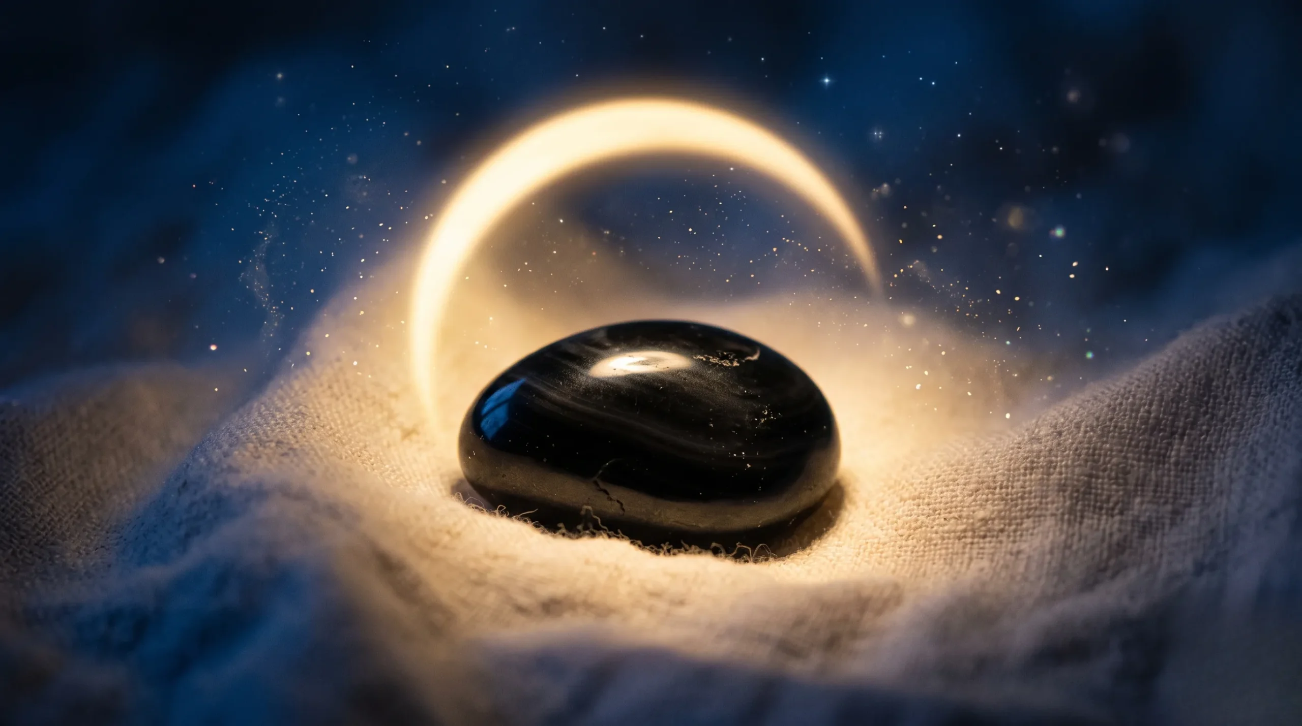 Une pierre d onyx polie repose sur un tissu crème sous une douce lueur lunaire