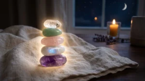 Pile de pierres lisses et apaisantes baignée dans une douce lumière dorée contre le stress.
