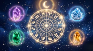 Roue astrologique et cristaux étincelants sous un ciel étoilé et une douce lumière dorée.