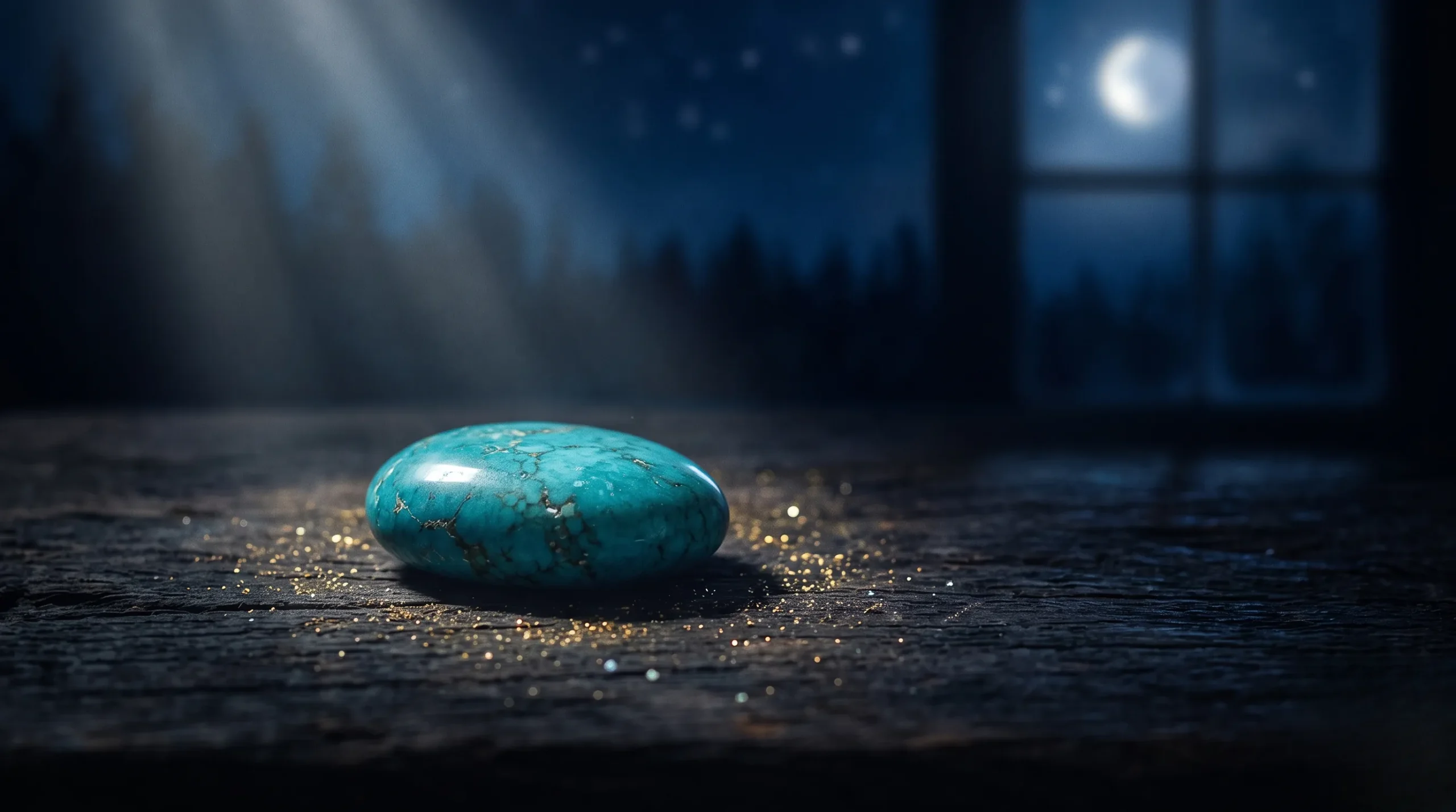 Une pierre turquoise polie brille sous un rayon de lumière lunaire apaisant