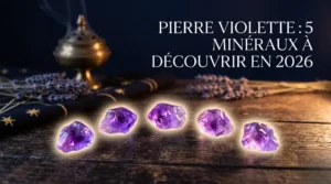 Cinq minéraux de couleur violette disposés harmonieusement sous un halo doré pour découvrir cette pierre