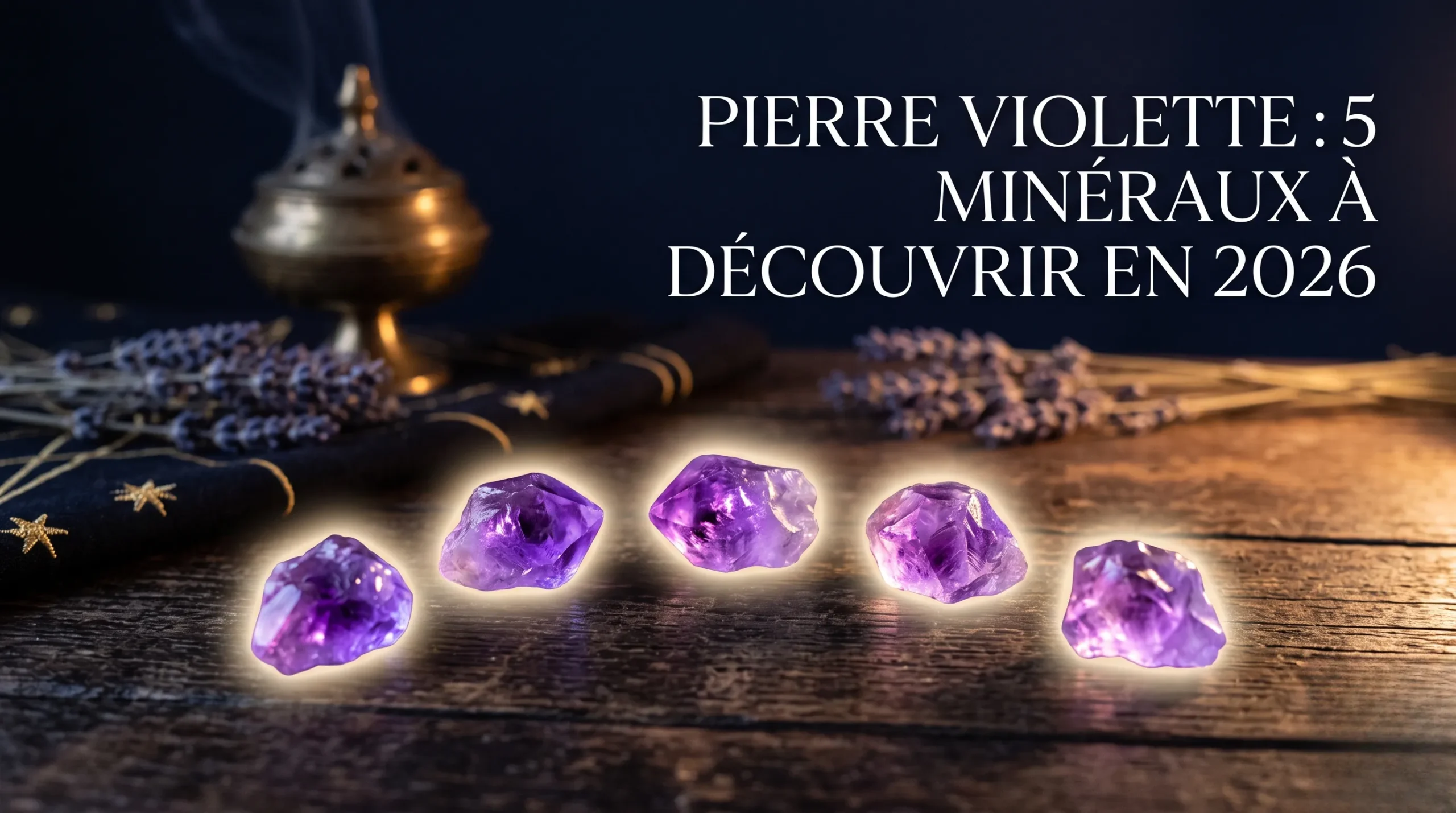 Cinq minéraux de couleur violette disposés harmonieusement sous un halo doré pour découvrir cette pierre