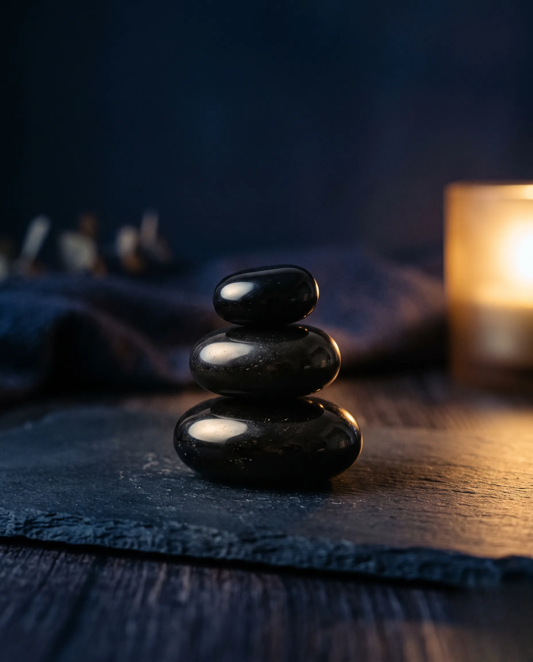 Empilement zen de pierres d'obsidienne noire polie baignées dans une lumière douce et dorée.