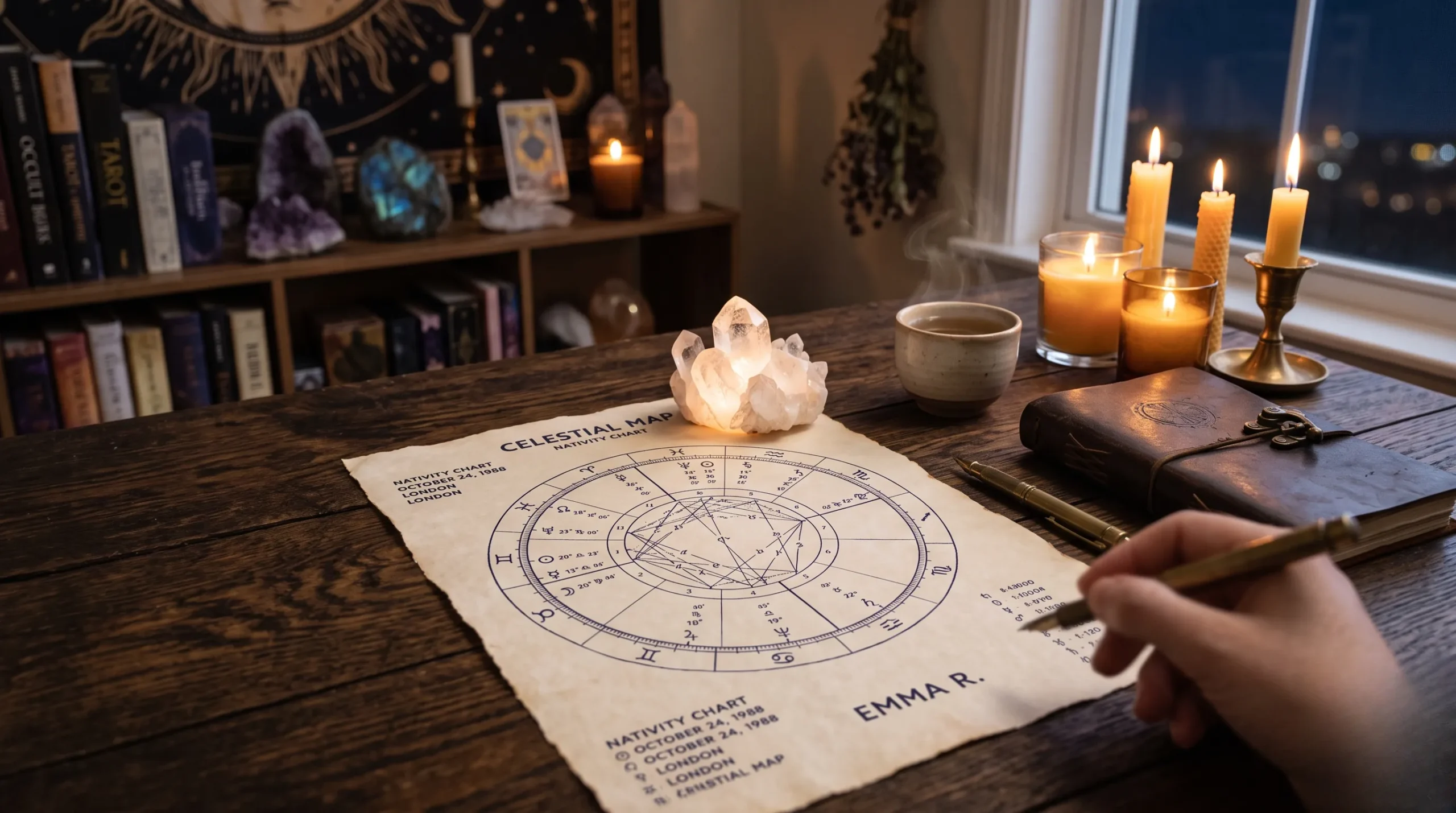 Carte du ciel et cristal lumineux disposés sur une table en bois dans une atmosphère céleste feutrée.