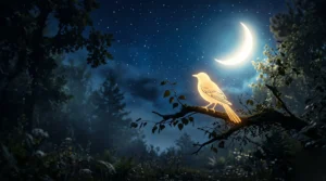 Silhouette d'oiseau doré sur une branche dans une ambiance nocturne pour symboliser le pivert.