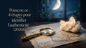 Une loupe dorée ancienne posée près de cristaux crème pour identifier le poinçon or