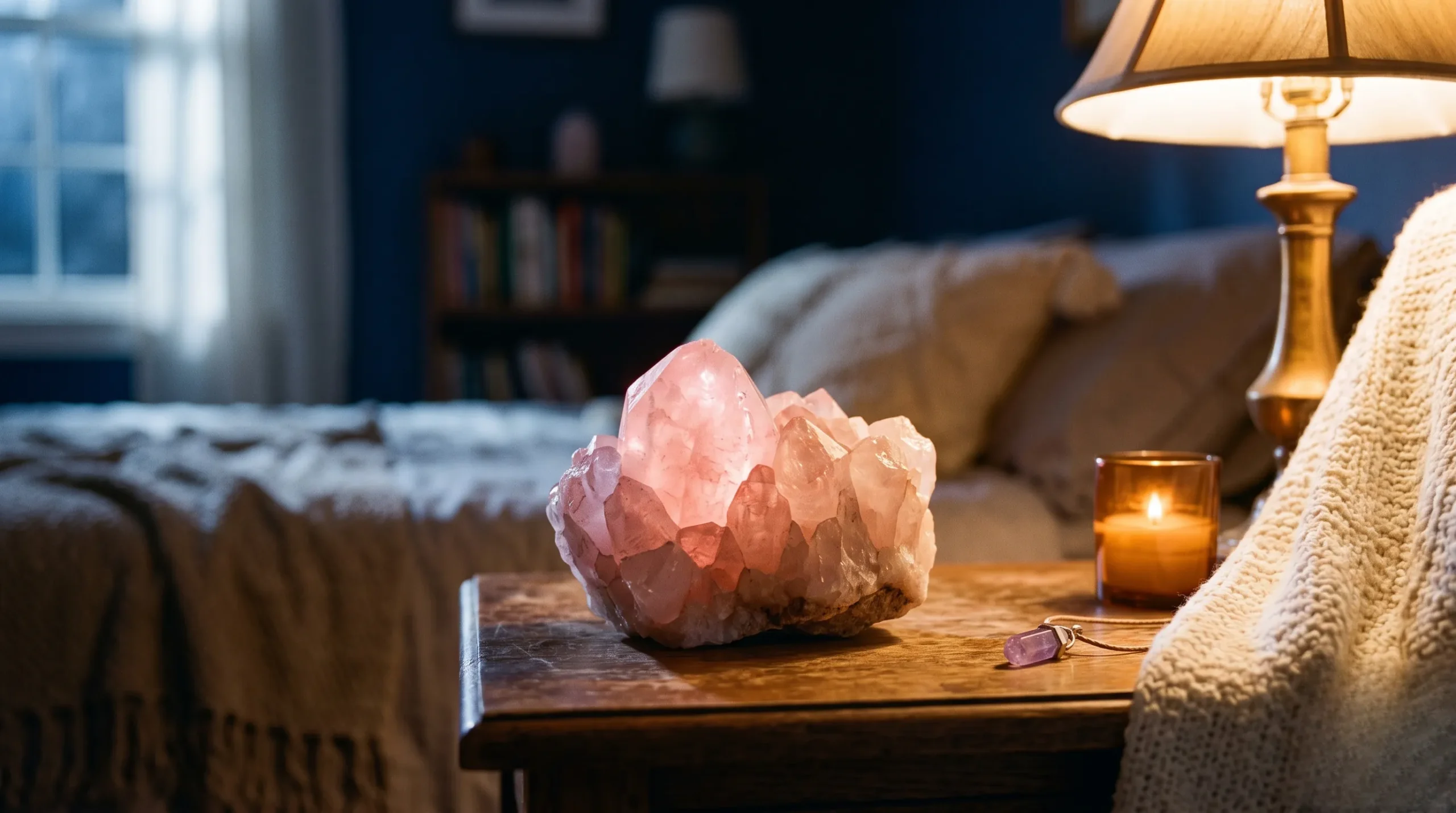 Brut de quartz rose dégageant une douce énergie chaleureuse sous un éclairage lunaire.