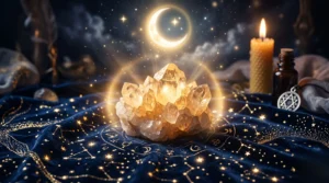 Cristal de roche brut rayonnant d'une aura dorée sur fond de velours bleu nuit pour guider le choix de sa pierre.