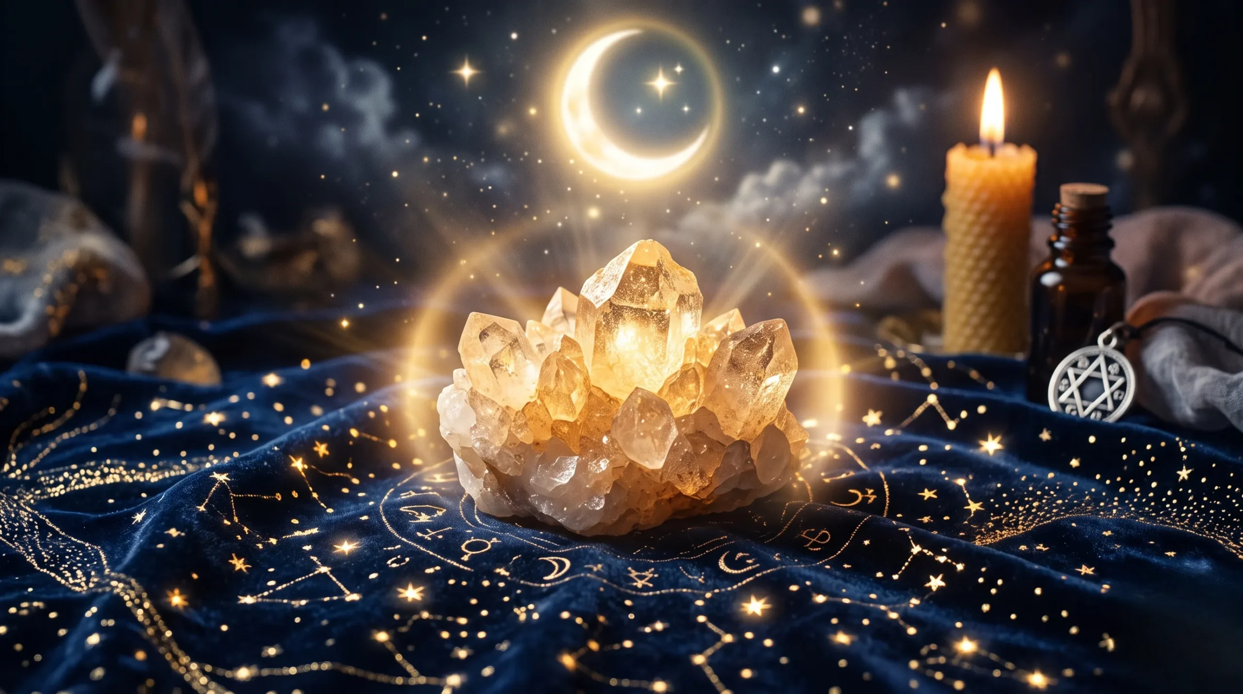 Cristal de roche brut rayonnant d'une aura dorée sur fond de velours bleu nuit pour guider le choix de sa pierre.