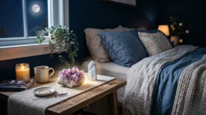 Cristal apaisant sur une table de nuit baigné d'une douce lumière pour favoriser le sommeil.