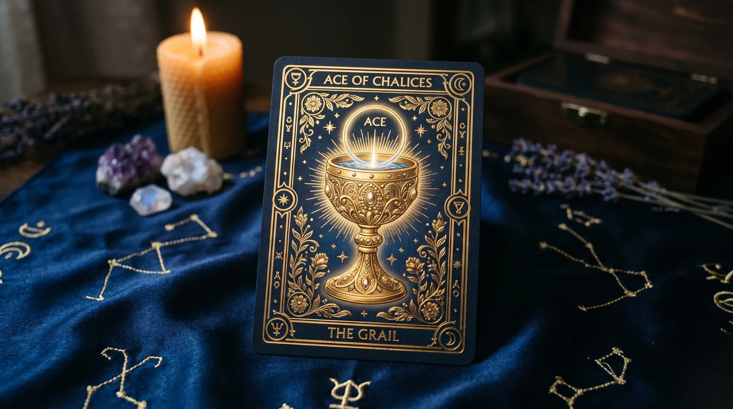 La carte de la Reine de Coupe du tarot mise en valeur pour illustrer l'écoute de l'intuition. Reine de coupe tarot
