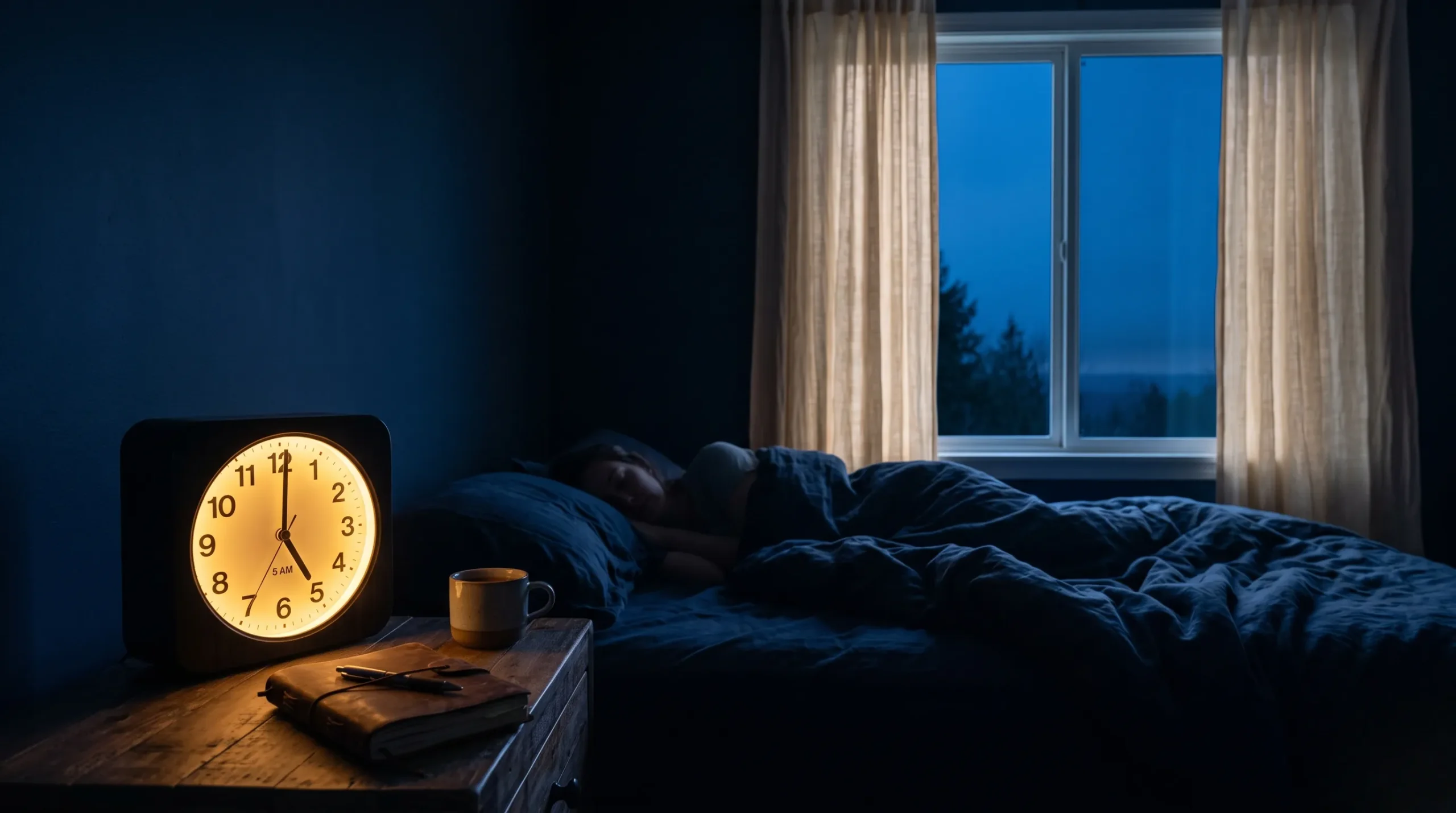 Horloge indiquant 5 heures du matin sous une douce lumière dorée pour l'éveil spirituel.