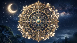Roue astronomique dorée illustrant les cycles saisonniers sous un ciel étoilé et une douce lumière lunaire.