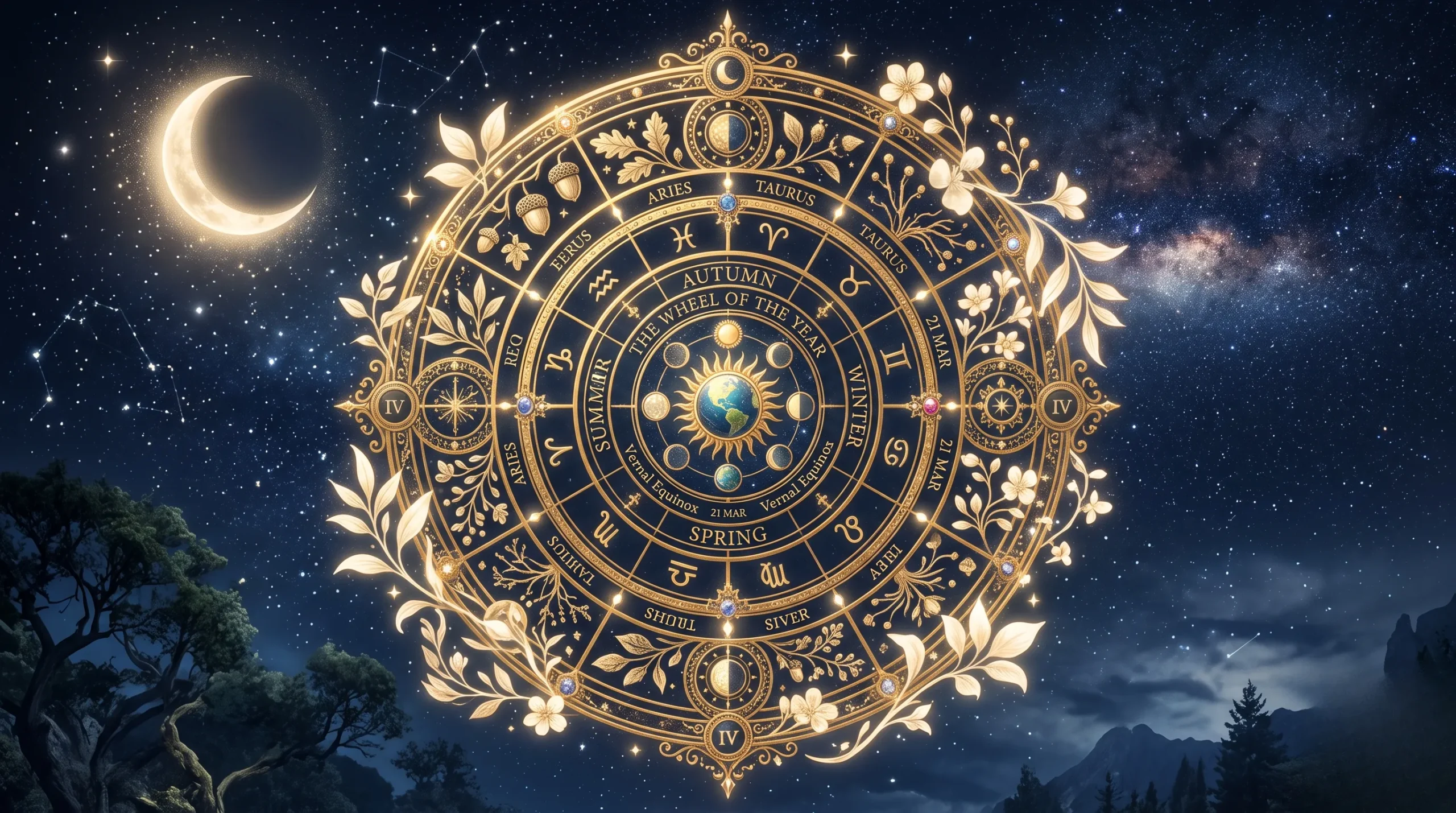Roue astronomique dorée illustrant les cycles saisonniers sous un ciel étoilé et une douce lumière lunaire.