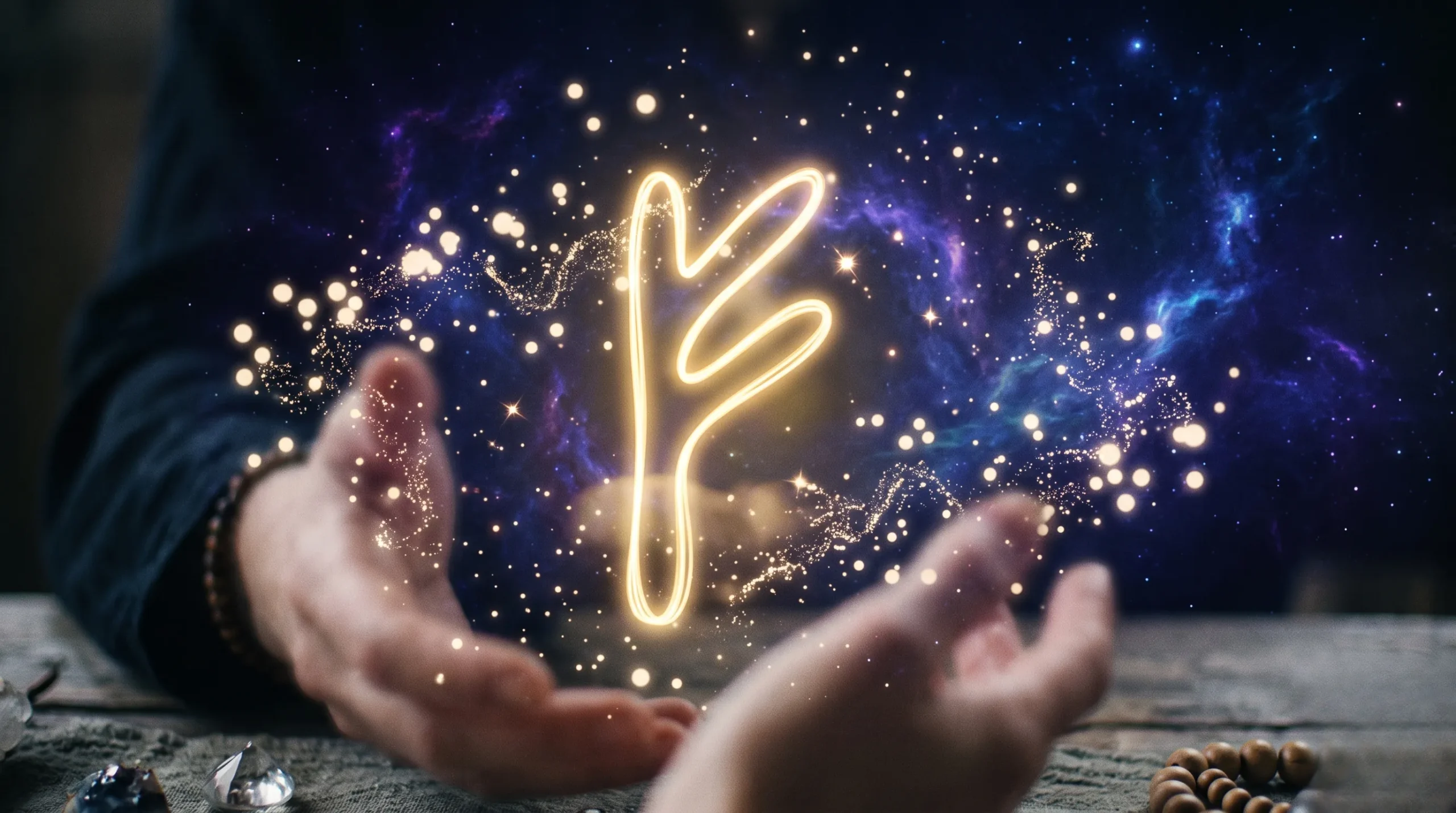 Symbole de la rune Fehu illuminé par une énergie dorée pour attirer la prospérité.