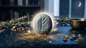 Une pierre gravée de la rune Fehu posée sur un fond bleu nuit pour manifester l'abondance.
