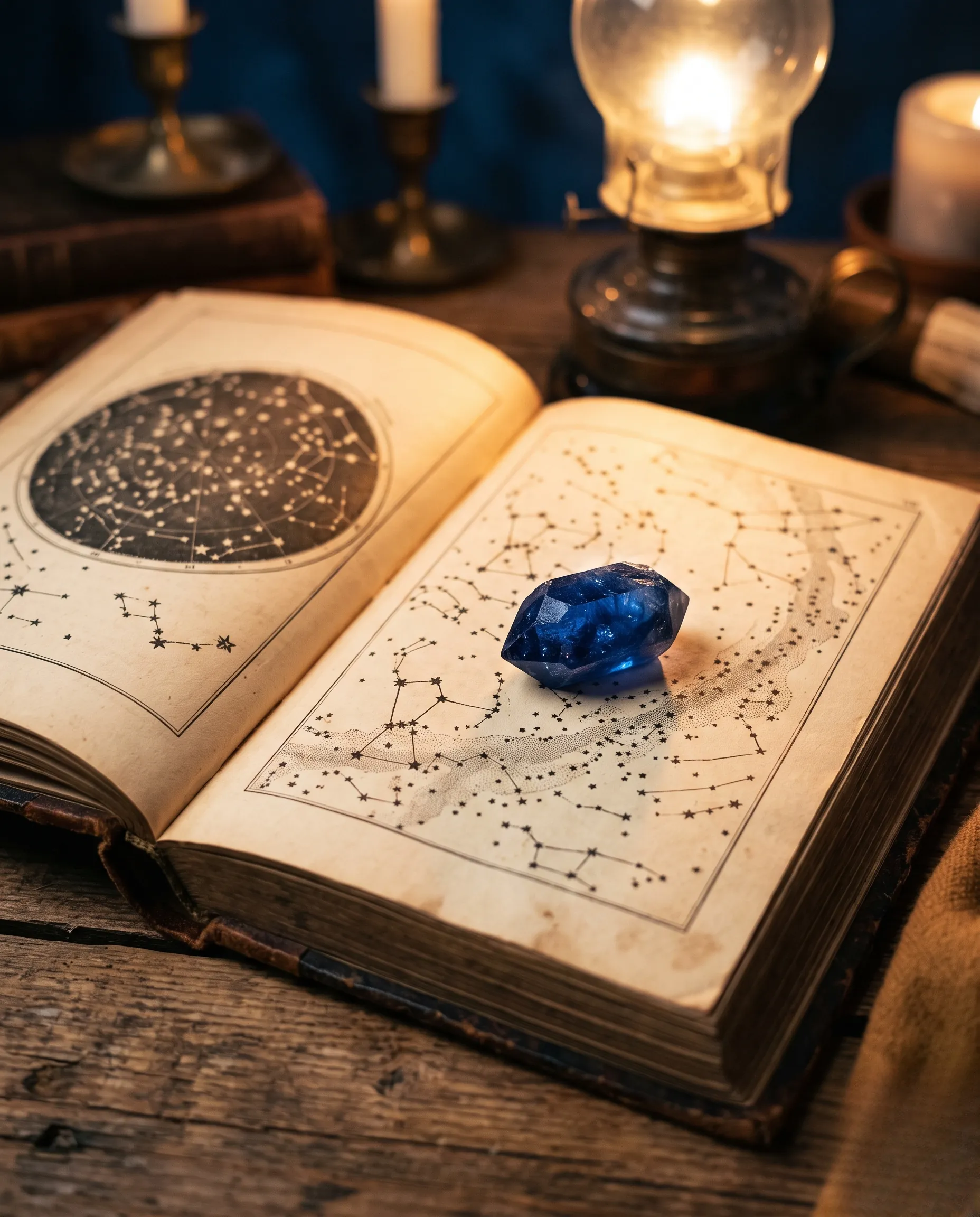 Saphir posé sur un livre ancien ouvert illustré de constellations célestes.