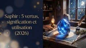 Image de mise en avant montrant un saphir brut sur une table en bois avec des cartes célestes, une lumière lunaire douce et le titre de l'article.