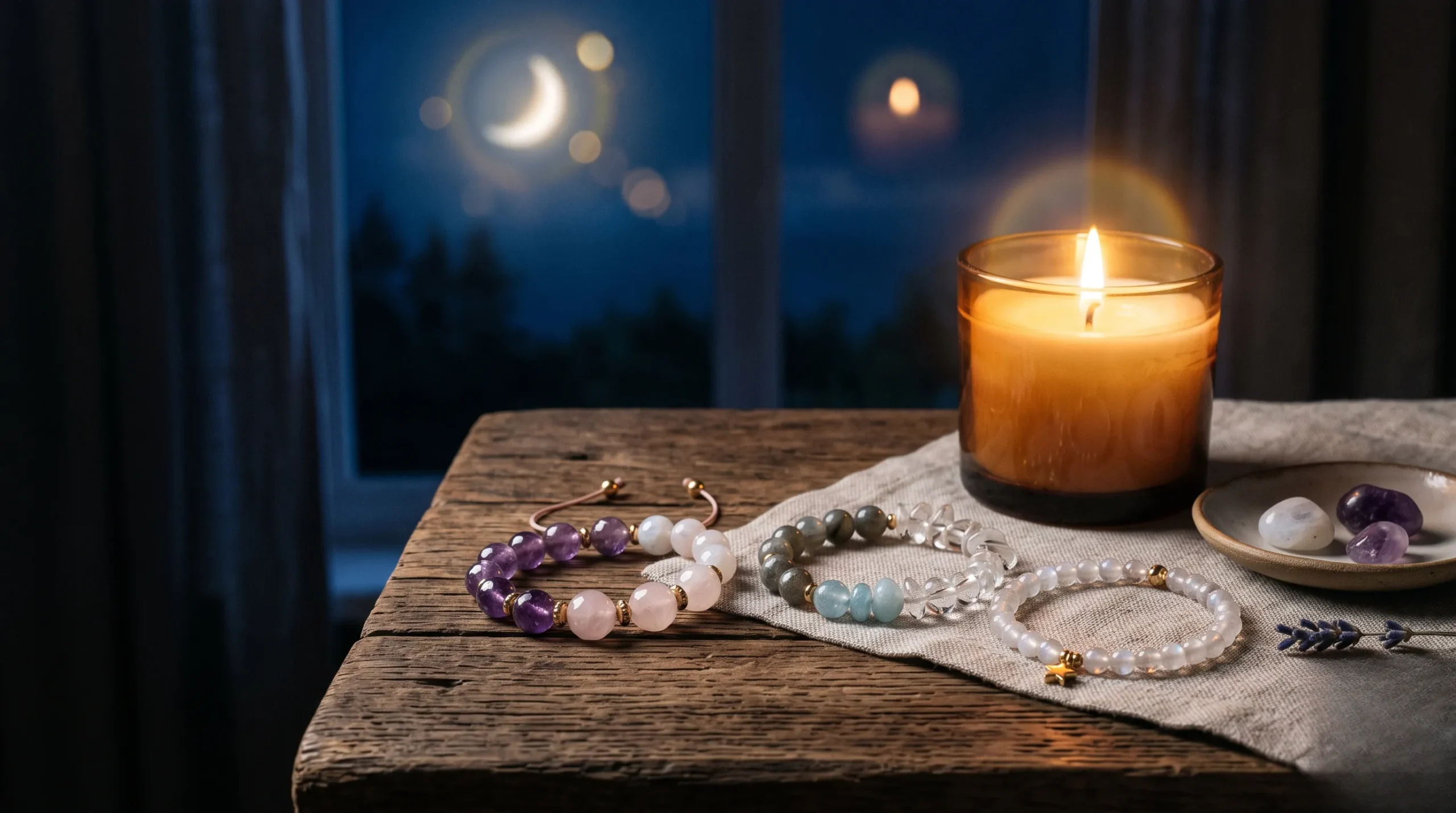 Bracelets en pierres naturelles délicatement posés près d'une bougie dans une ambiance nocturne apaisante.
