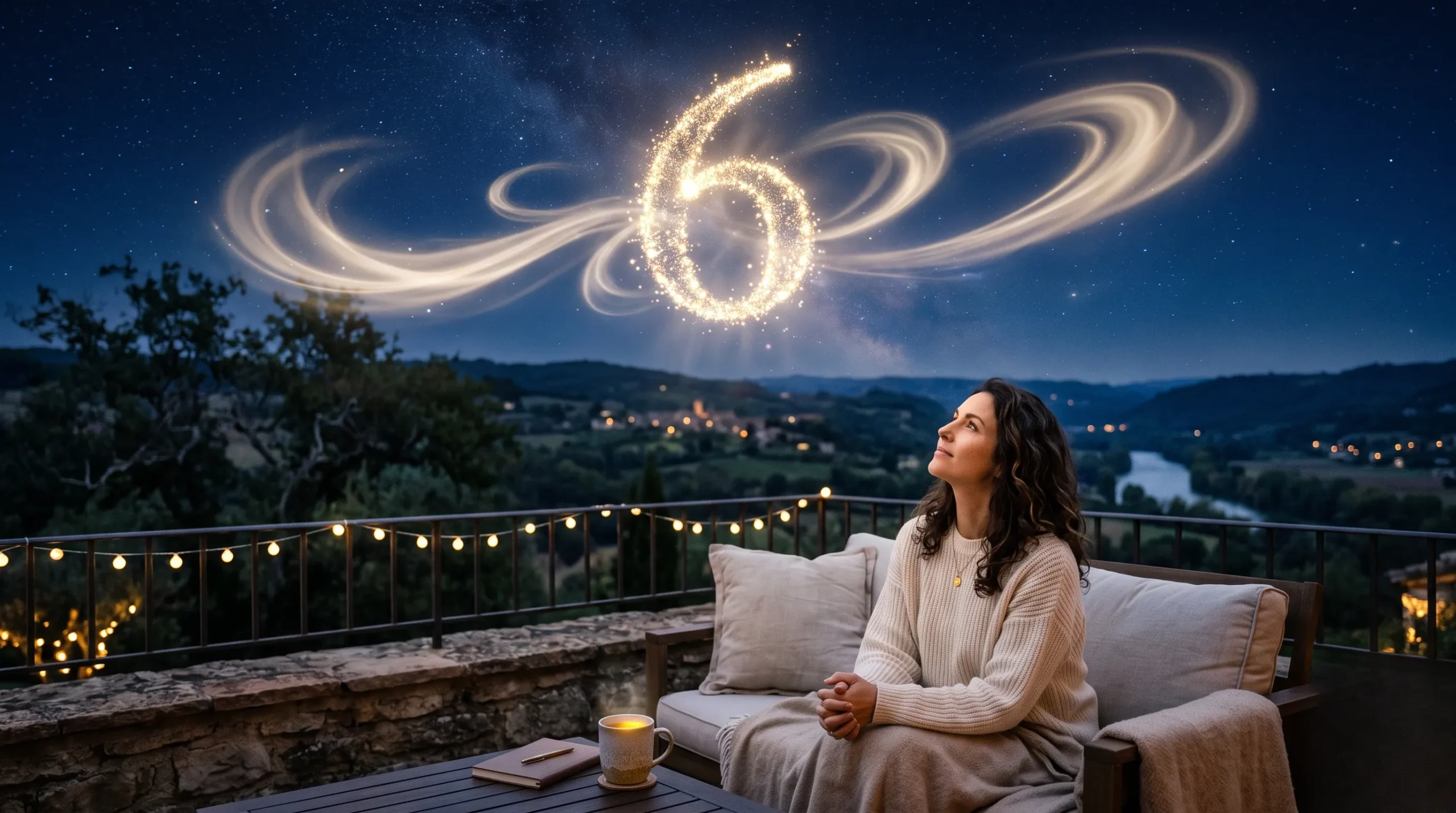 Chiffre 6 formé par des particules lumineuses pour représenter l'amour et l'équilibre. Signification chiffre 6