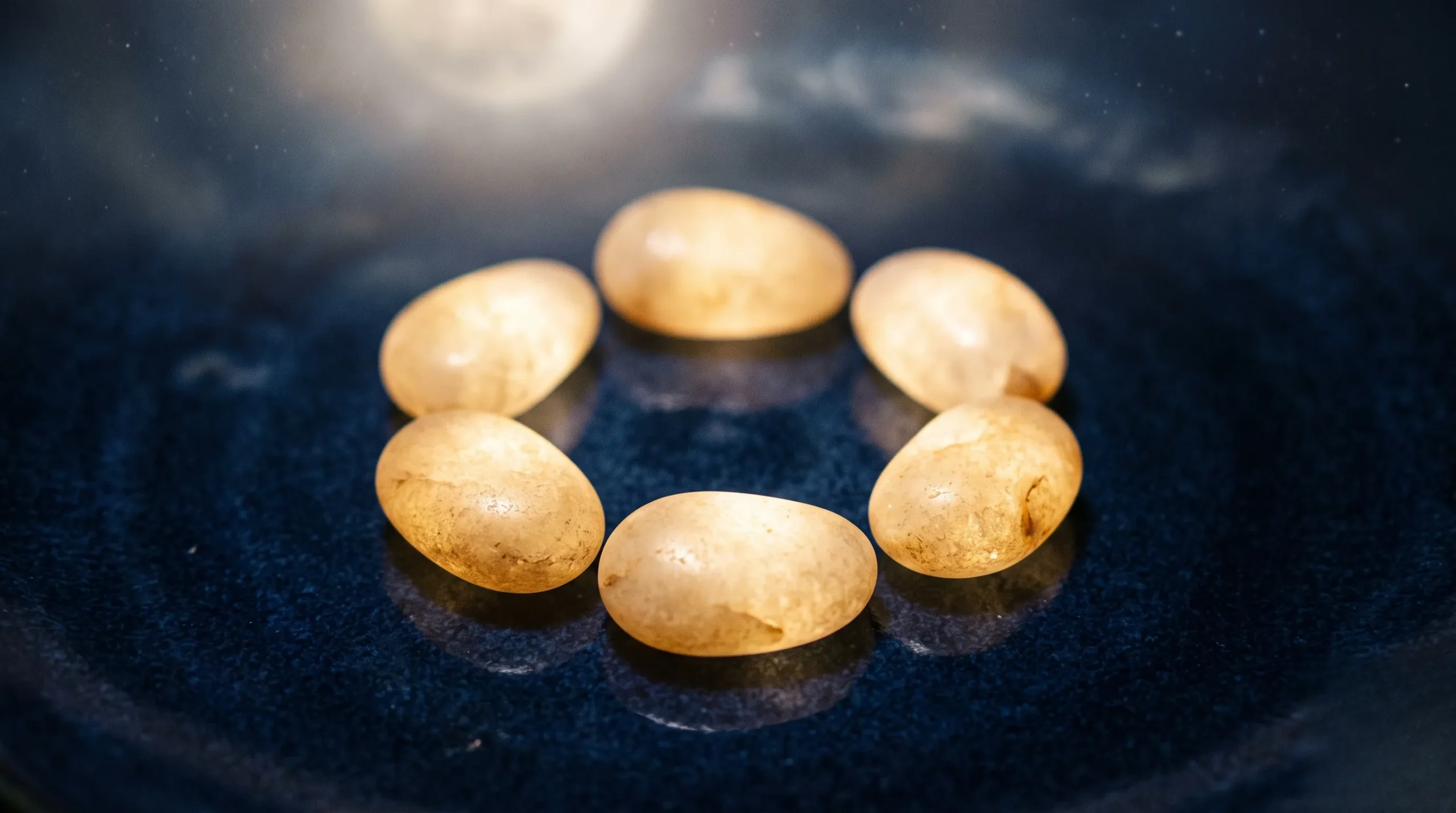 Six pierres dorées en cercle pour illustrer l'harmonie et l'amour du chiffre 6.