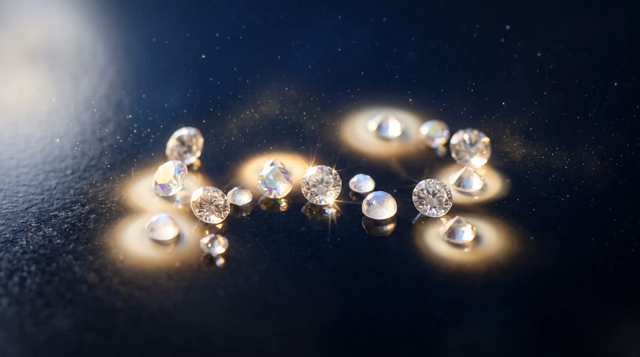 Des strass dentaires brillants capturant une douce lumière dorée sur un fond bleu nuit