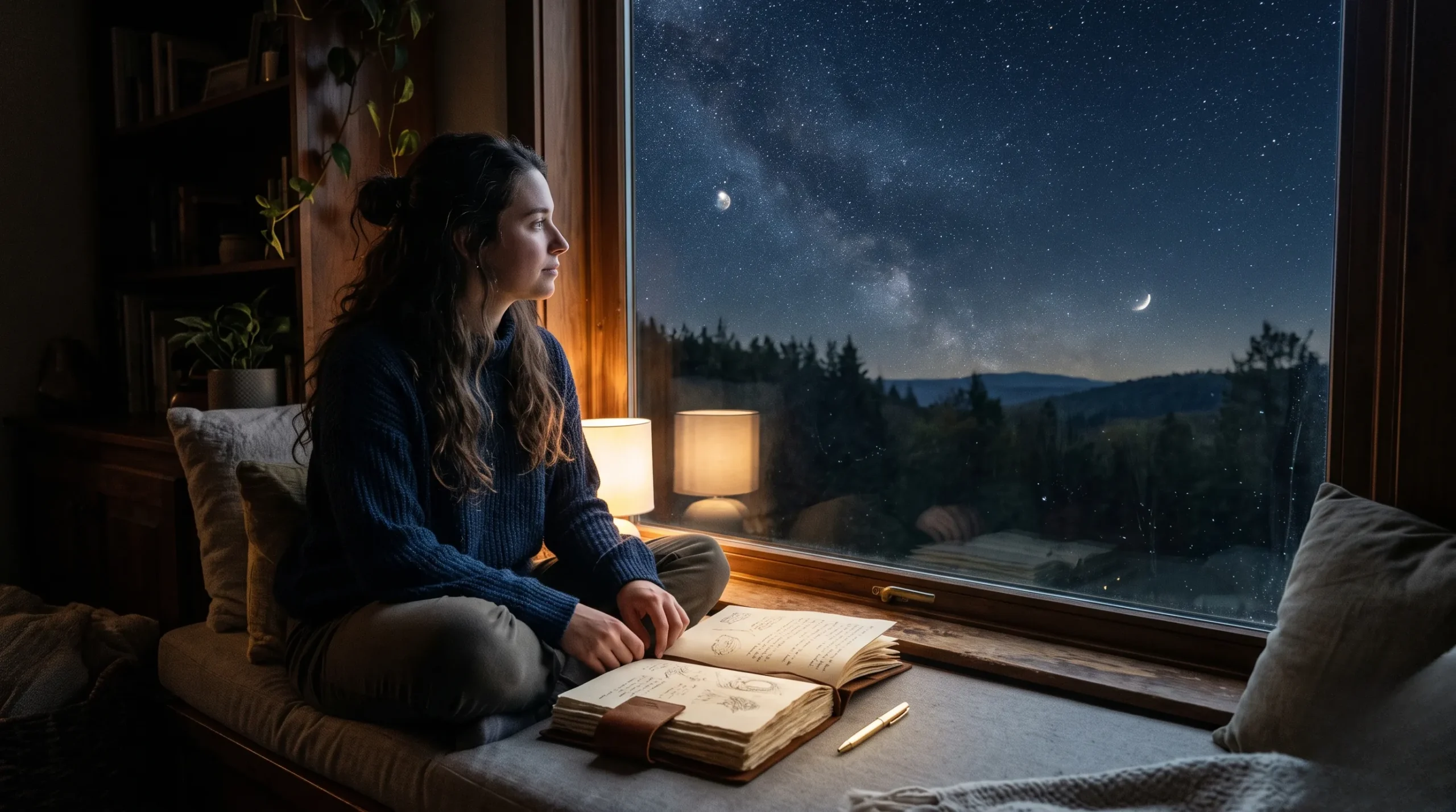 Personne en réflexion près d'une fenêtre symbolisant l'intuition et le syndrome de Cassandre sous une lumière lunaire. Syndrome de cassandre