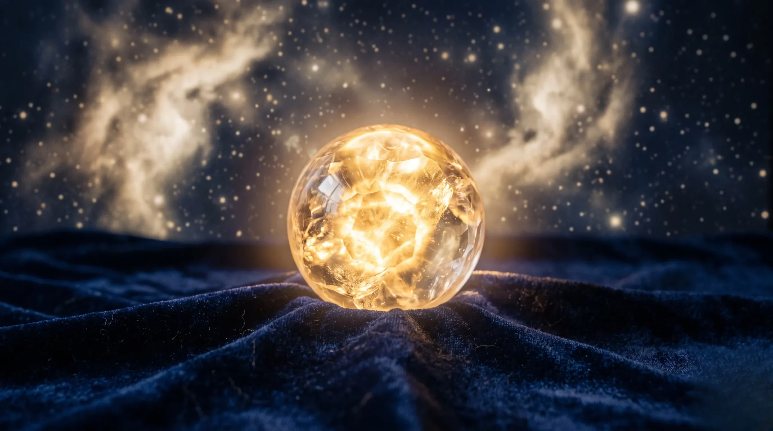 Orbe cristalline irradiant de lumière dorée pour représenter l'éveil de l'intuition face au syndrome de Cassandre.