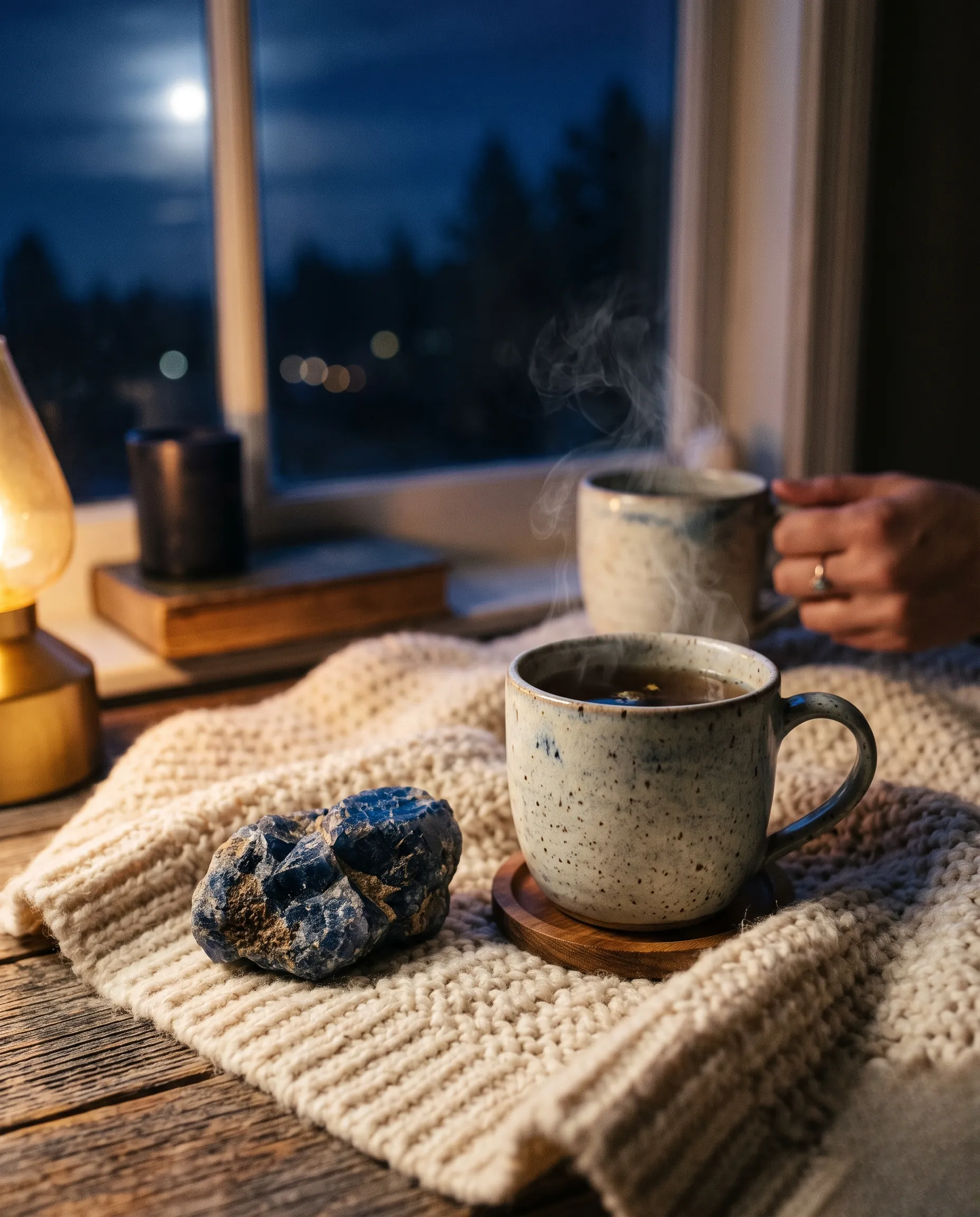 Tasse de tisane fumante et cristal de saphir sur une couverture douillette la nuit.