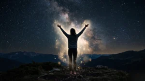 Silhouette ouvrant ses mains vers les étoiles, symbolisant l'élévation du taux vibratoire du guérisseur.
