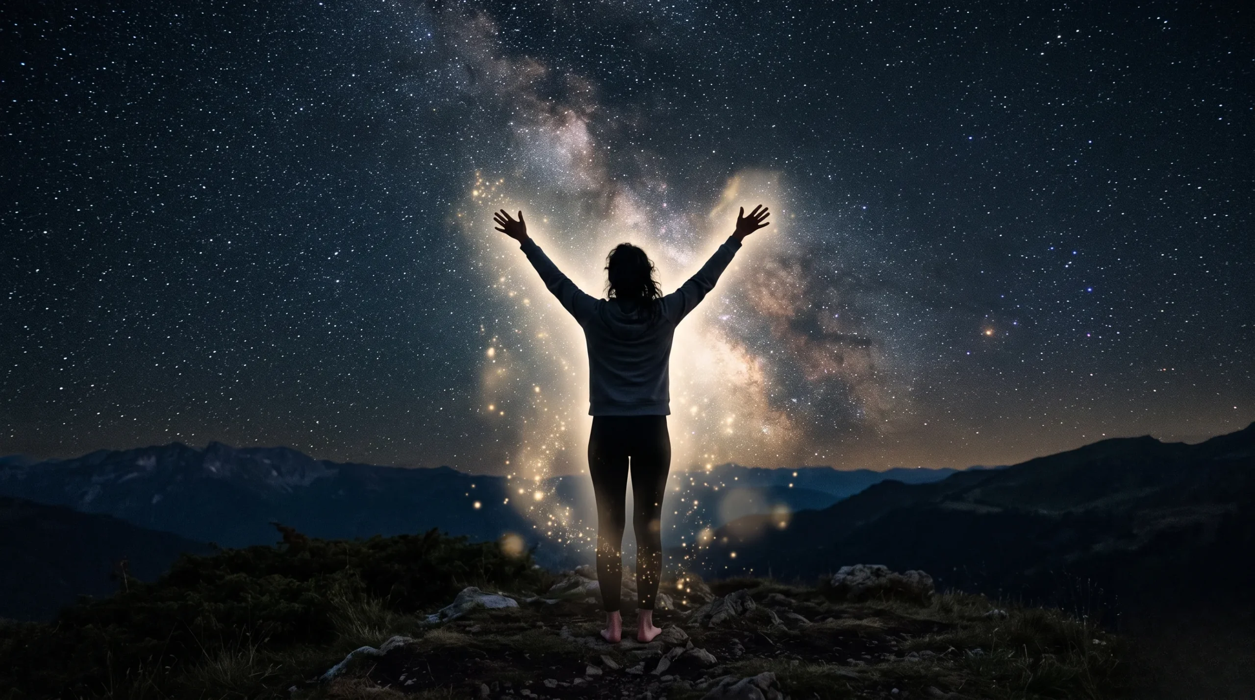 Silhouette ouvrant ses mains vers les étoiles, symbolisant l'élévation du taux vibratoire du guérisseur.
