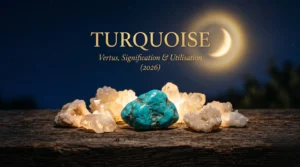 Une pierre de turquoise naturelle entourée de cristaux crème pour comprendre ses vertus