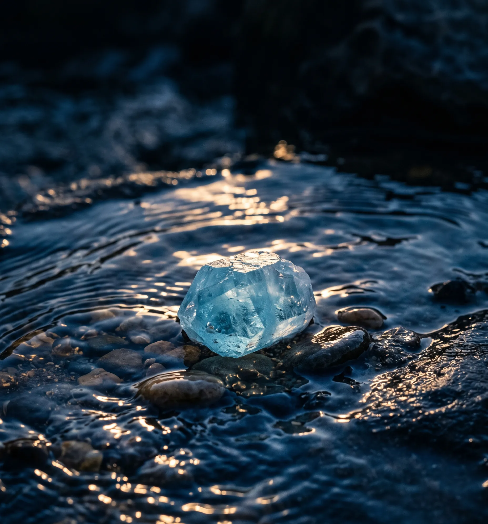 Cristal d'aigue-marine translucide évoquant la douceur des vagues sous une lumière lunaire.