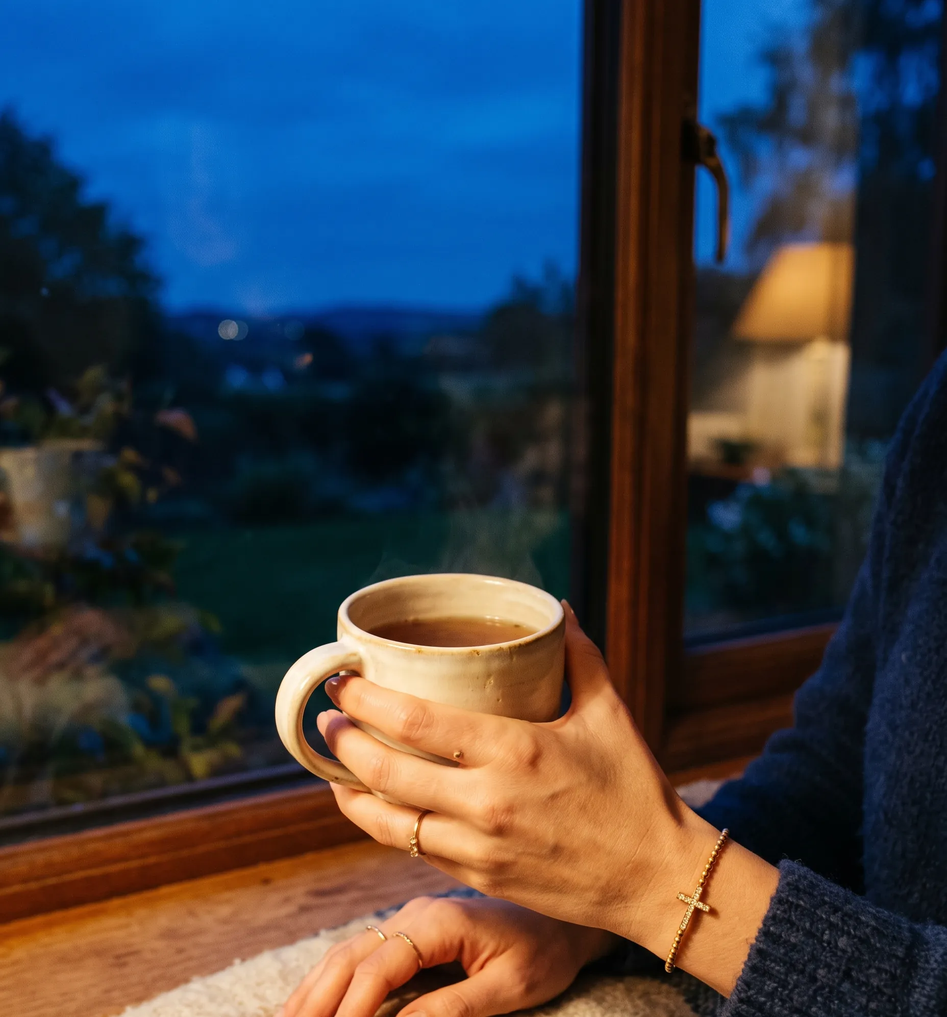 Personne tenant une tasse chaude, portant un élégant bracelet croix pour un style spirituel.