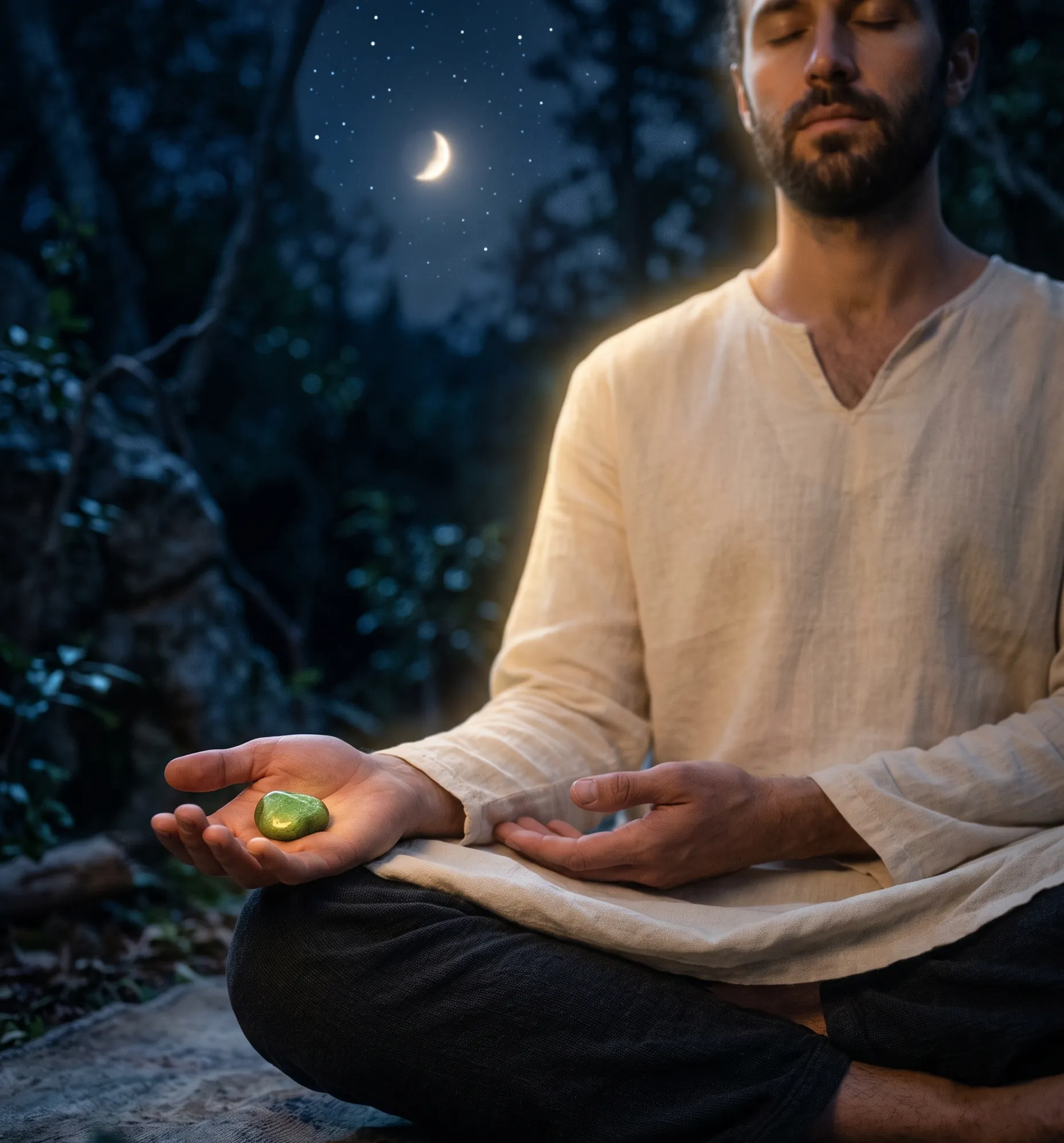 Mains ouvertes en posture de méditation accueillant l'énergie bienveillante d'une pierre verte pour l'amour inconditionnel.