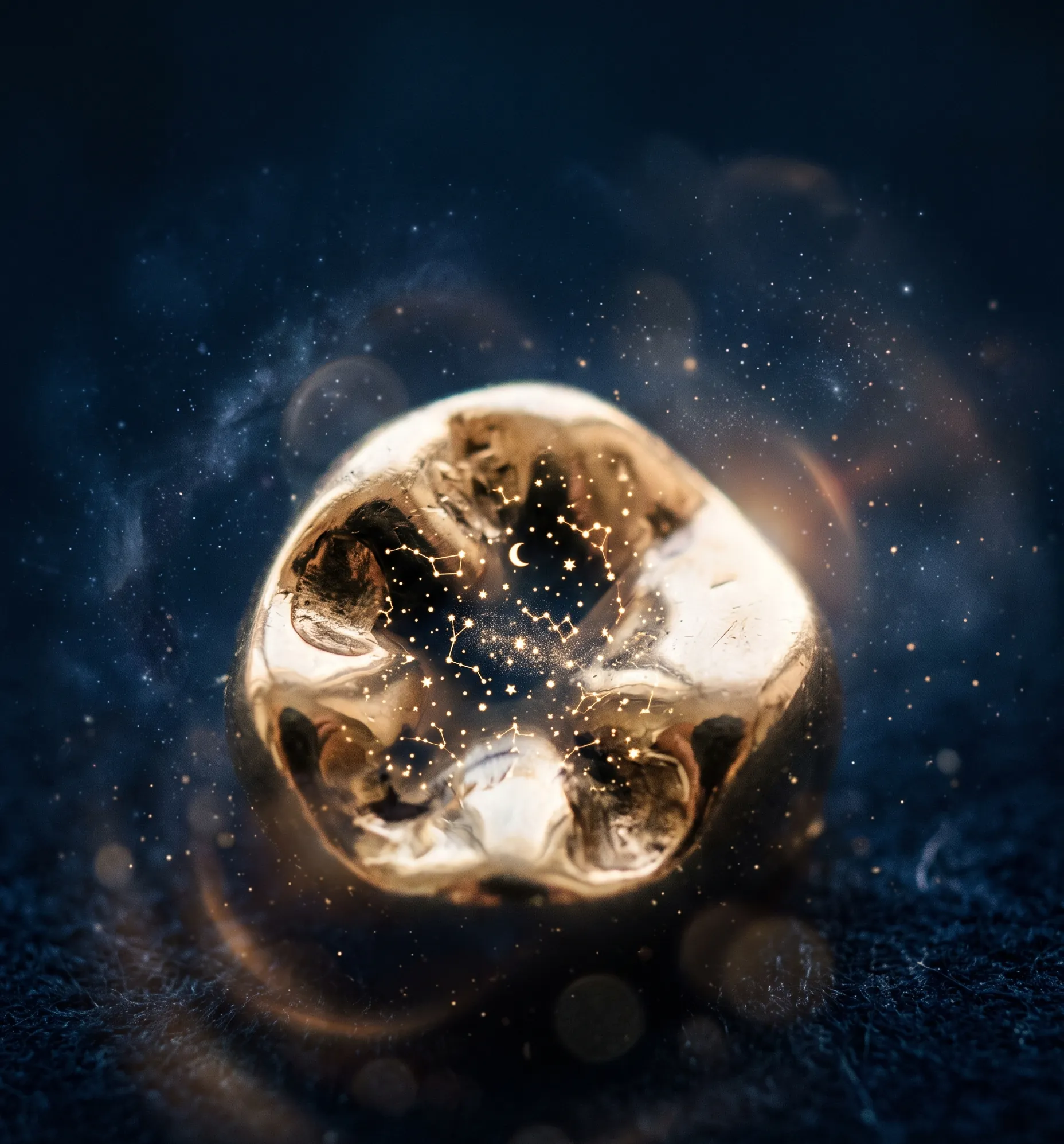 Vue macro abstraite de fragments d'or dentaire reflétant la lumière des astres.